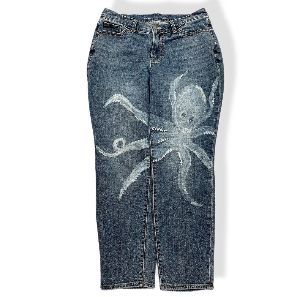 Hand reverse dyed painted octopus Jeans straight leg size 10